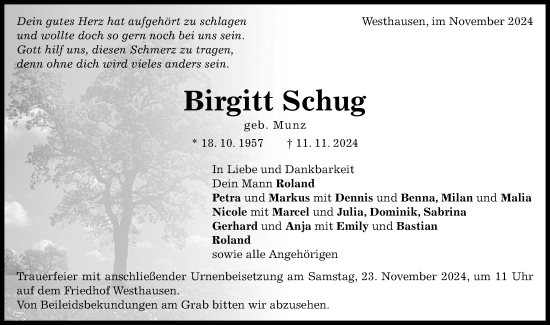 Traueranzeige von Birgitt Schug von Schwäbische Post