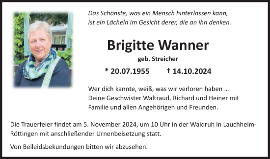 Traueranzeige von Brigitte Wanner von Schwäbische Post