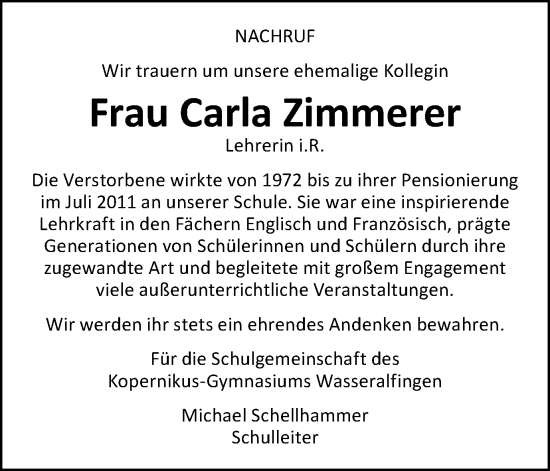 Traueranzeige von Carla Zimmerer von Schwäbische Post