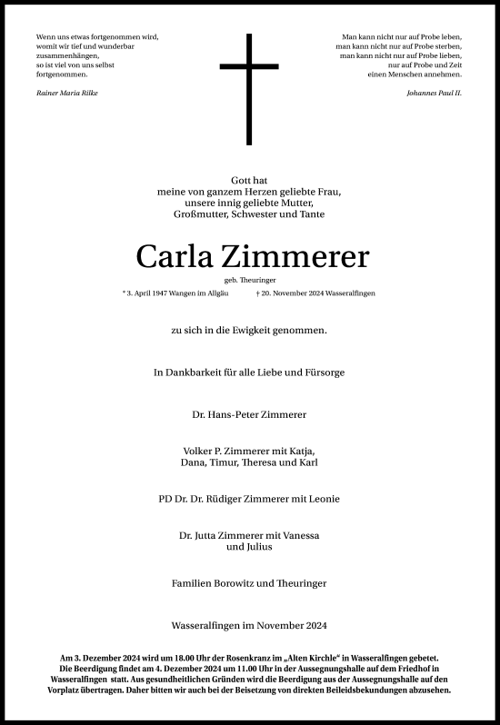 Traueranzeige von Carla Zimmerer von Schwäbische Post