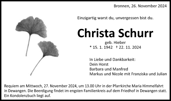 Traueranzeige von Christa Schurr von Schwäbische Post