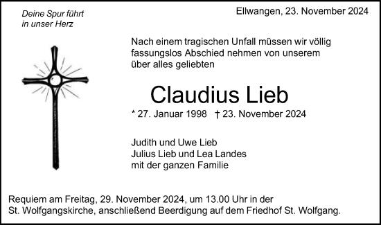 Traueranzeige von Claudius Lieb von Schwäbische Post