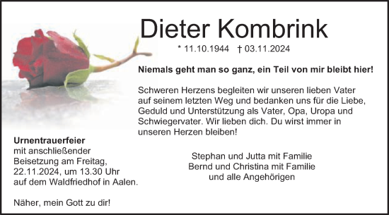 Traueranzeige von Dieter Kombrink von Schwäbische Post