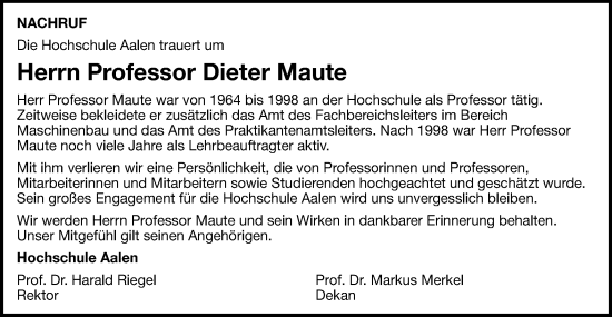 Traueranzeige von Dieter Maute von Schwäbische Post