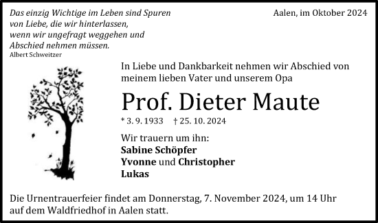 Traueranzeige von Dieter Maute von Schwäbische Post