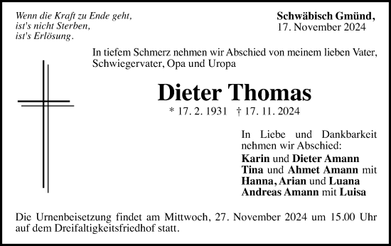 Traueranzeige von Dieter Thomas von Gmünder Tagespost