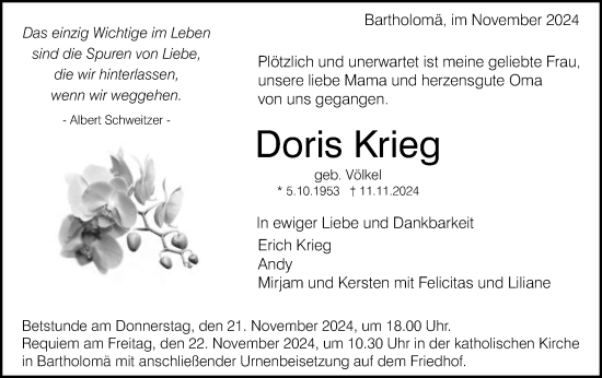 Traueranzeige von Doris Krieg von Gmünder Tagespost
