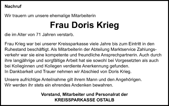 Traueranzeige von Doris Krieg von Gmünder Tagespost
