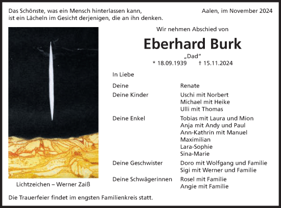 Traueranzeige von Eberhard Burk von Schwäbische Post