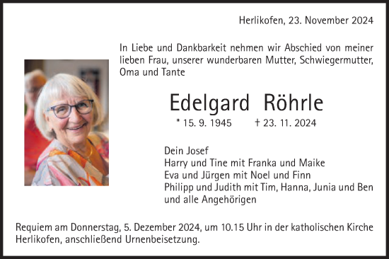 Traueranzeige von Edelgard Röhrle von Gmünder Tagespost