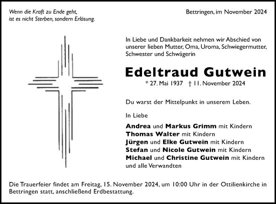 Traueranzeige von Edeltraud Gutwein von Gmünder Tagespost
