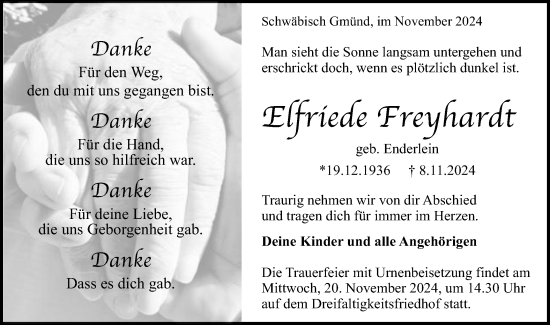 Traueranzeige von Elfriede Freyhardt von Gmünder Tagespost