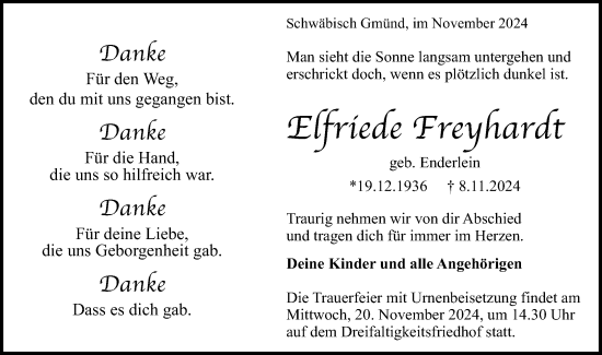 Traueranzeige von Elfriede Freyhardt von Gmünder Tagespost