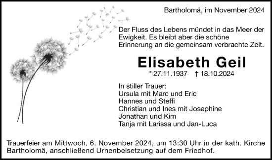 Traueranzeige von Elisabeth Geil von Gmünder Tagespost