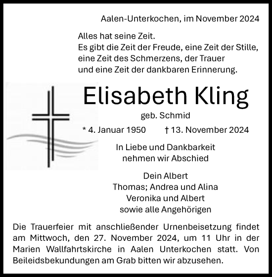 Traueranzeige von Elisabeth Kling von Schwäbische Post
