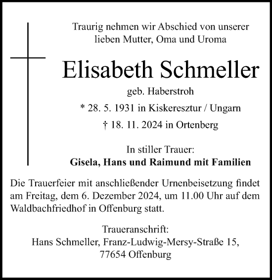 Traueranzeige von Elisabeth Schmeller von Schwäbische Post