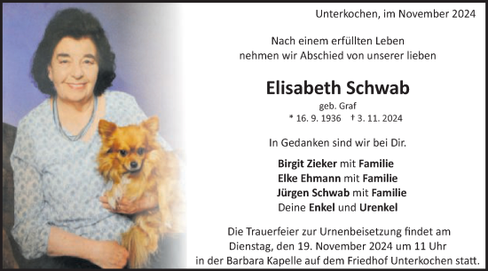 Traueranzeige von Elisabeth Schwab von Schwäbische Post