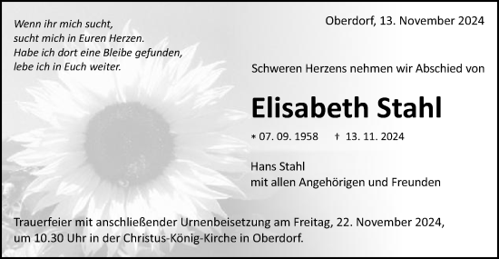 Traueranzeige von Elisabeth Stahl von Schwäbische Post