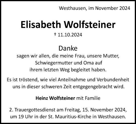 Traueranzeige von Elisabeth Wolfsteiner von Schwäbische Post