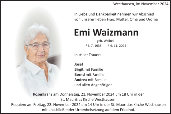 Traueranzeige von Emi Waizmann von Schwäbische Post