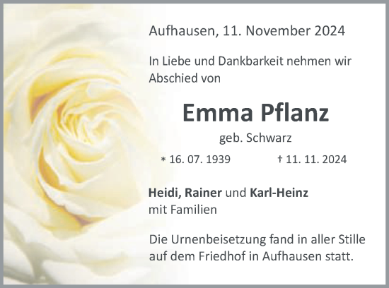 Traueranzeige von Emma Pflanz von Schwäbische Post
