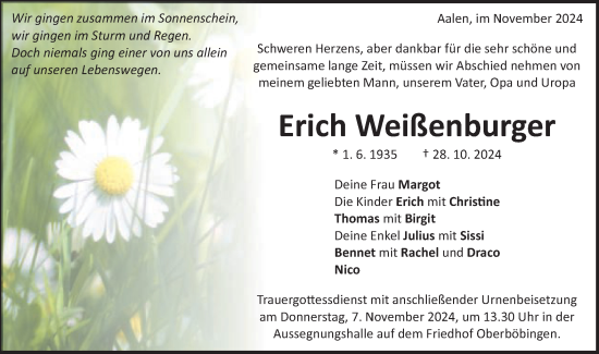 Traueranzeige von Erich Weißenburger von Schwäbische Post