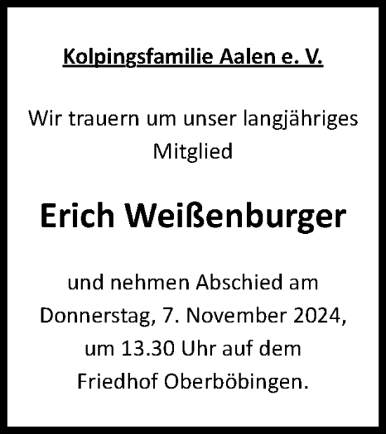 Traueranzeige von Erich Weißenburger von Schwäbische Post