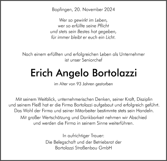 Traueranzeige von Erich Angelo Bortolazzi von Schwäbische Post