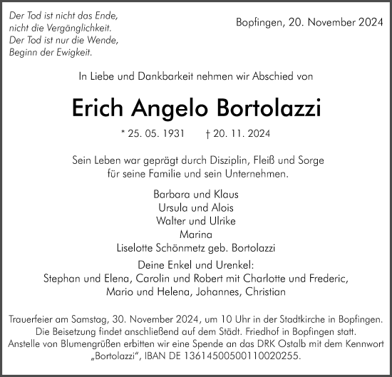 Traueranzeige von Erich Angelo Bortolazzi von Schwäbische Post