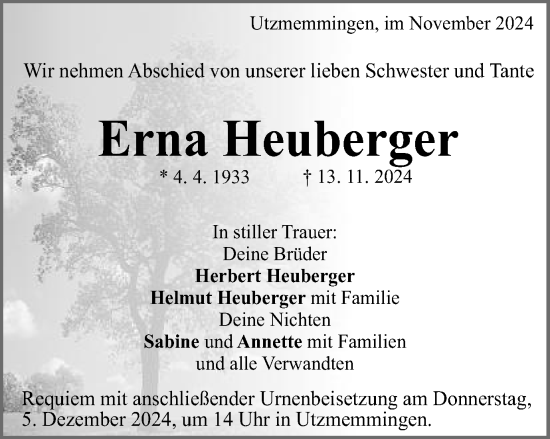 Traueranzeige von Erna Heuberger von Schwäbische Post