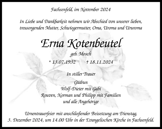 Traueranzeige von Erna Kotenbeutel von Schwäbische Post