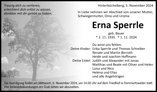 Traueranzeige von Erna Sperrle von Schwäbische Post