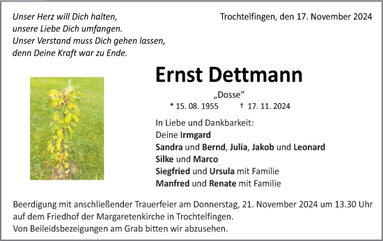 Traueranzeige von Ernst Dettmann von Schwäbische Post