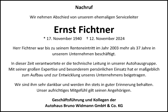 Traueranzeige von Ernst Fichtner von Schwäbische Post
