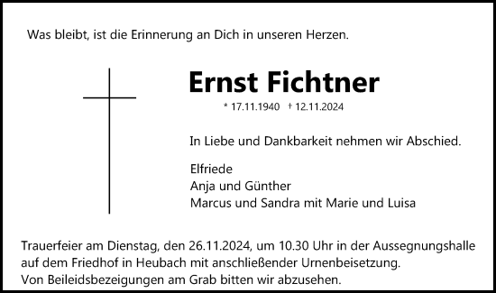 Traueranzeige von Ernst Fichtner von Schwäbische Post