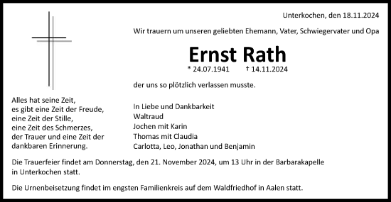 Traueranzeige von Ernst Rath von Schwäbische Post