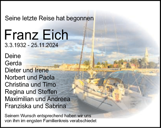 Traueranzeige von Franz Eich von Schwäbische Post
