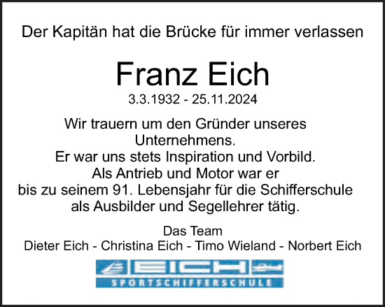 Traueranzeige von Franz Eich von Schwäbische Post