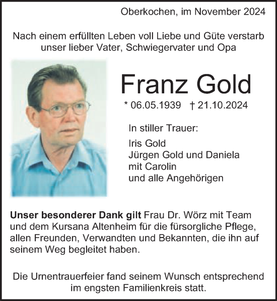 Traueranzeige von Franz Gold von Schwäbische Post