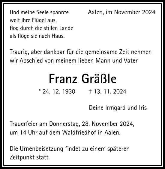 Traueranzeige von Franz Gräßle von Schwäbische Post