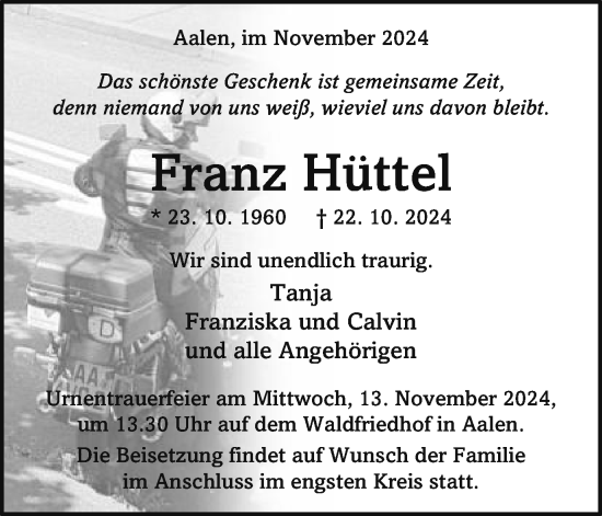Traueranzeige von Franz Hüttel von Schwäbische Post