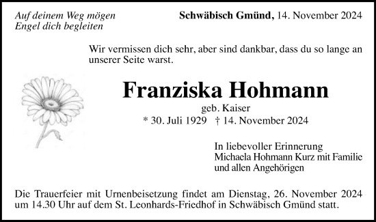Traueranzeige von Franziska Hohmann von Gmünder Tagespost