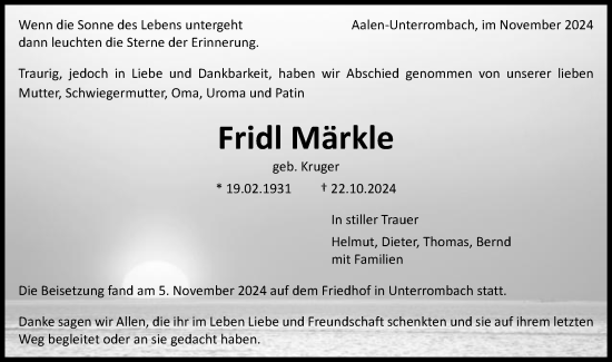 Traueranzeige von Fridl Märkle von Schwäbische Post