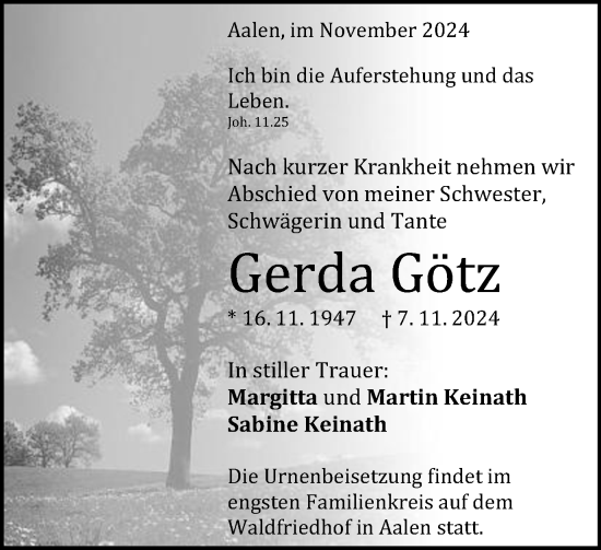 Traueranzeige von Gerda Götz von Schwäbische Post
