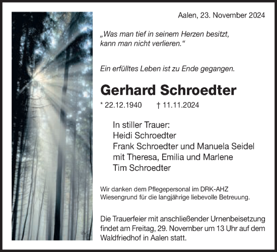 Traueranzeige von Gerhard Schroedter von Schwäbische Post