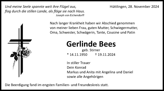 Traueranzeige von Gerlinde Bees von Schwäbische Post