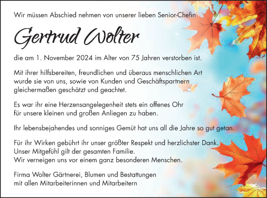 Traueranzeige von Gertrud Wolter von Schwäbische Post