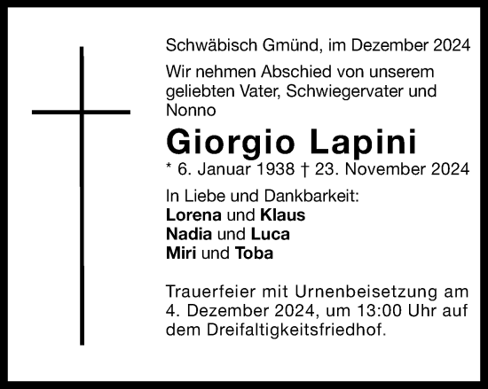 Traueranzeige von Giorgio Lapini von Gmünder Tagespost