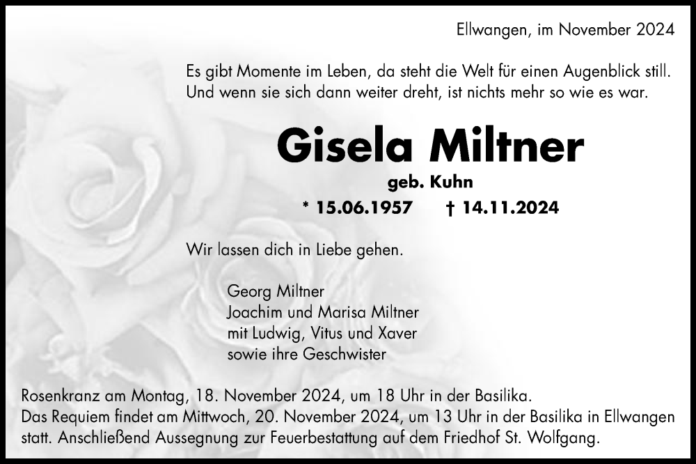  Traueranzeige für Gisela Miltner vom 16.11.2024 aus Schwäbische Post