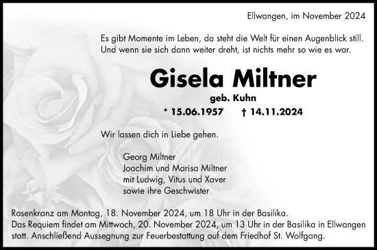 Traueranzeige von Gisela Miltner von Schwäbische Post